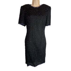 Vintage Denise Elle peacock beaded silk cocktail dress S Small Party Evening